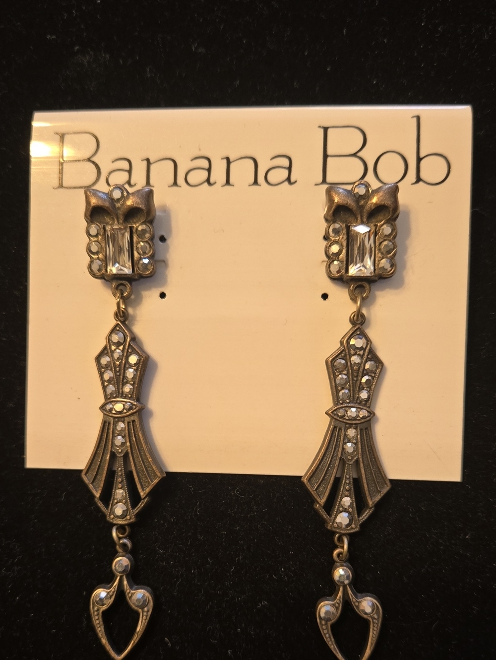 Banana Republic Antique Silver-Tone Art Deco Drop Earrings with Clear Crystals
